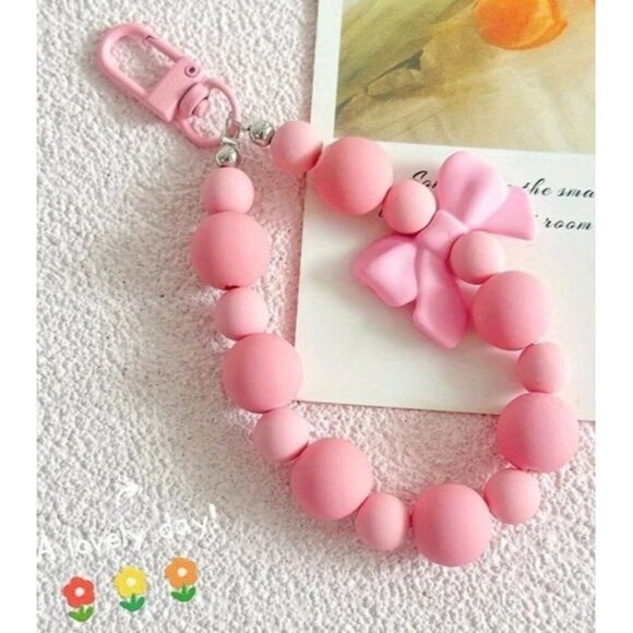 Pink Acrylic Beaded Phone Charm & Bag Charm Wristlet Cute Aesthetic Bracelet - Picture 2 of 4